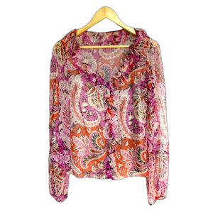 Elie tahari Pink  paisley print blouse Floral Ruffle Tie Front Long Sleeve Top